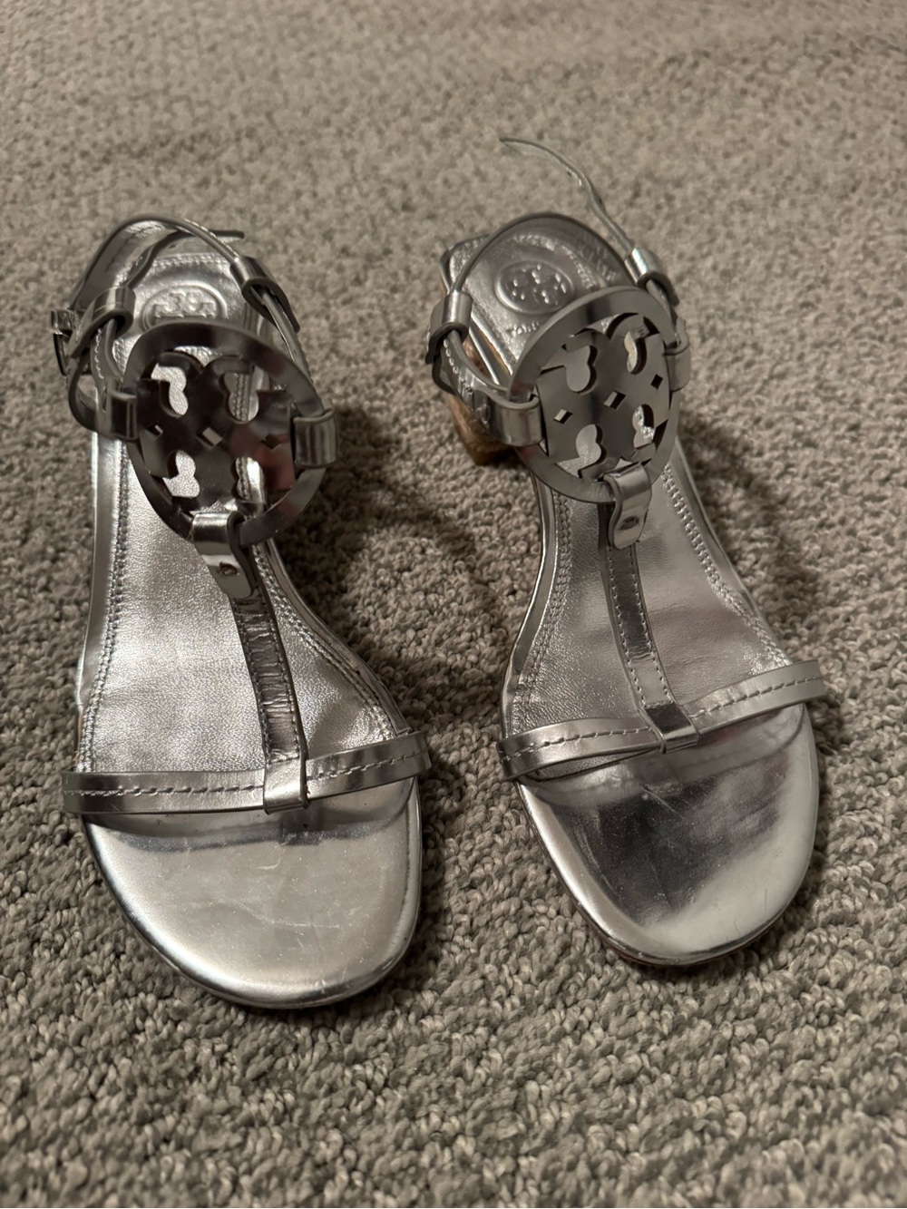 Tory Burch Silver Logo T-Strap Sandals